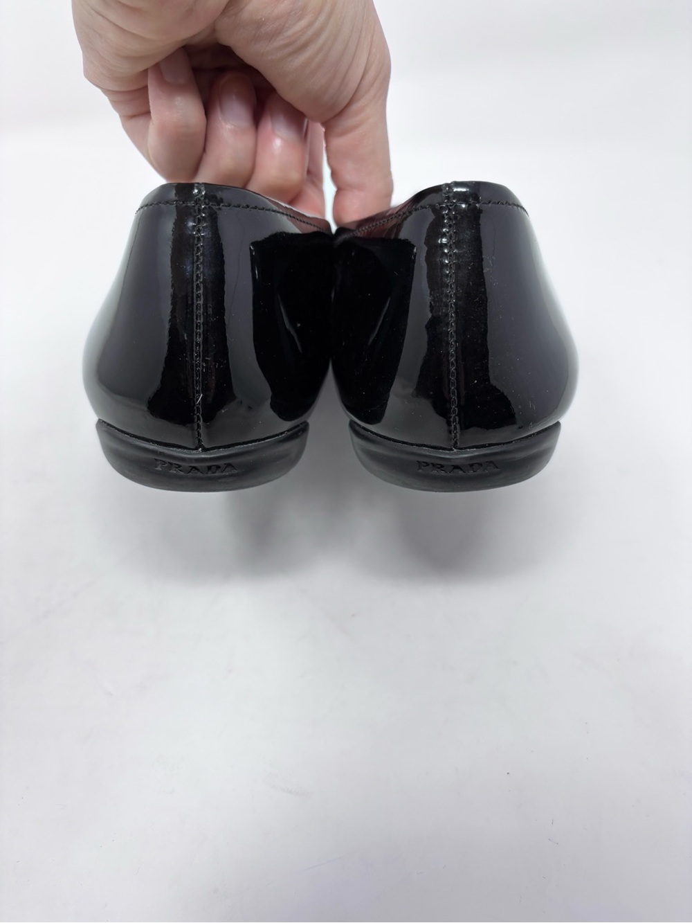 Prada Ballet Flat Bow Black Patent Leather Triangle Logo Pointed Toe size 38 - Picture 6 of 9